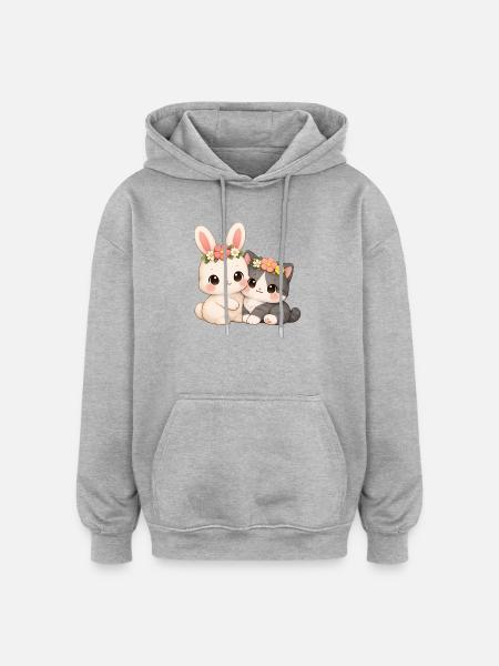 Rabbit with cat - Oversized Unisex Hoodie - heather grey