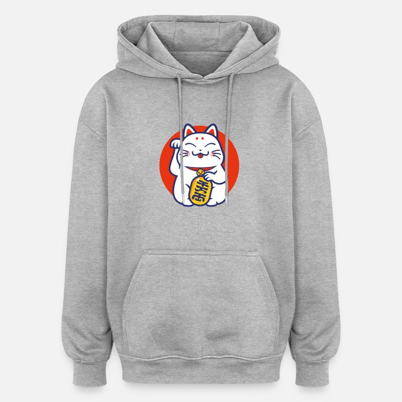 Lucky cat - Maneki-neko - Sweat à capuche oversize unisexe - gris chiné