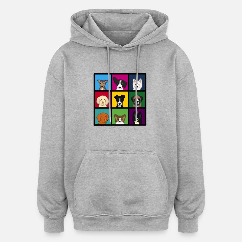 9 x chiens tête colourful - Sweat à capuche oversize unisexe - gris chiné