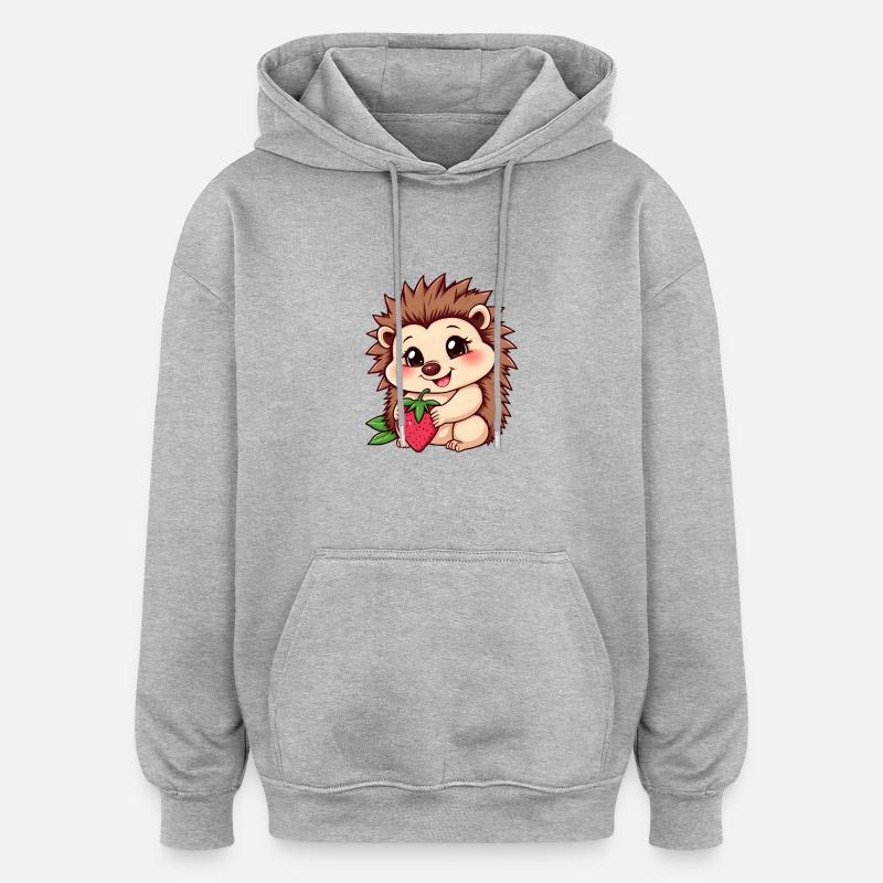 Hérisson mignon tient une fraise mûre - Sweat à capuche oversize unisexe - gris chiné