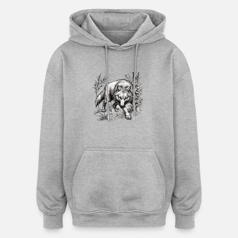 Loup à l’affût - Sweat à capuche oversize unisexe - gris chiné