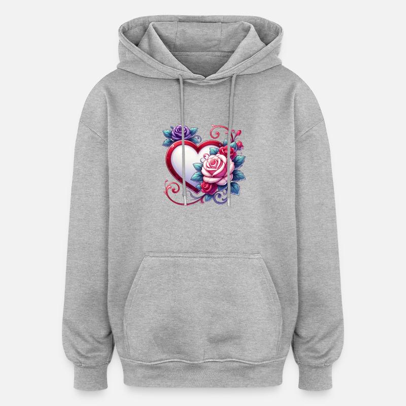 Amour éternel : Roses et cœur - Sweat à capuche oversize unisexe - gris chiné