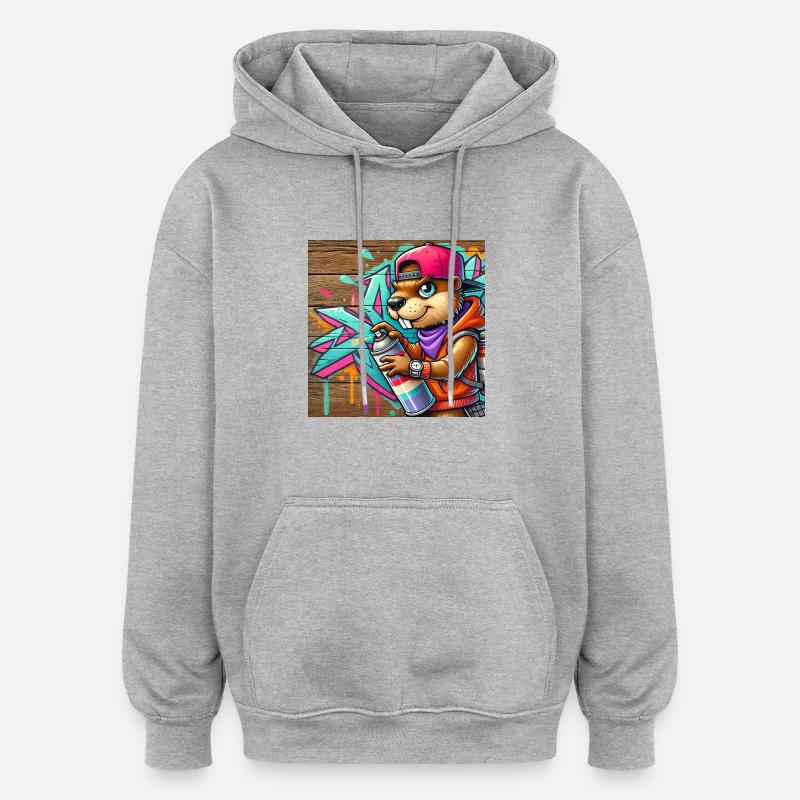 Peinture graffiti castor - Sweat à capuche oversize unisexe - gris chiné