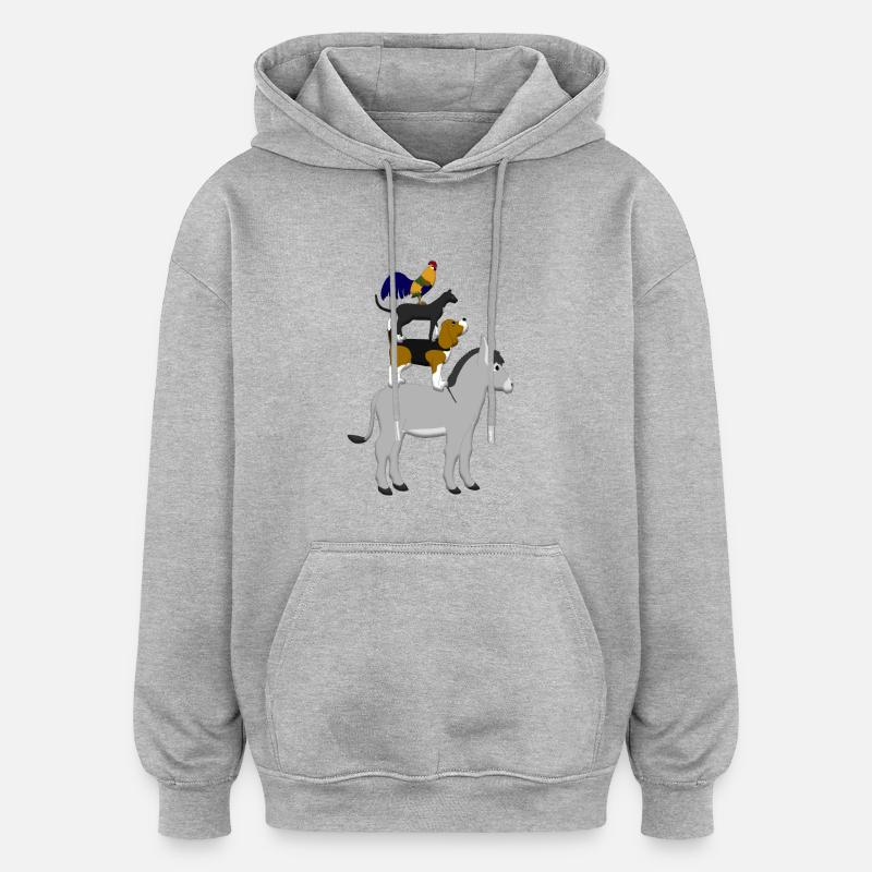 Chien, chat, coq, âne - Sweat à capuche oversize unisexe - gris chiné