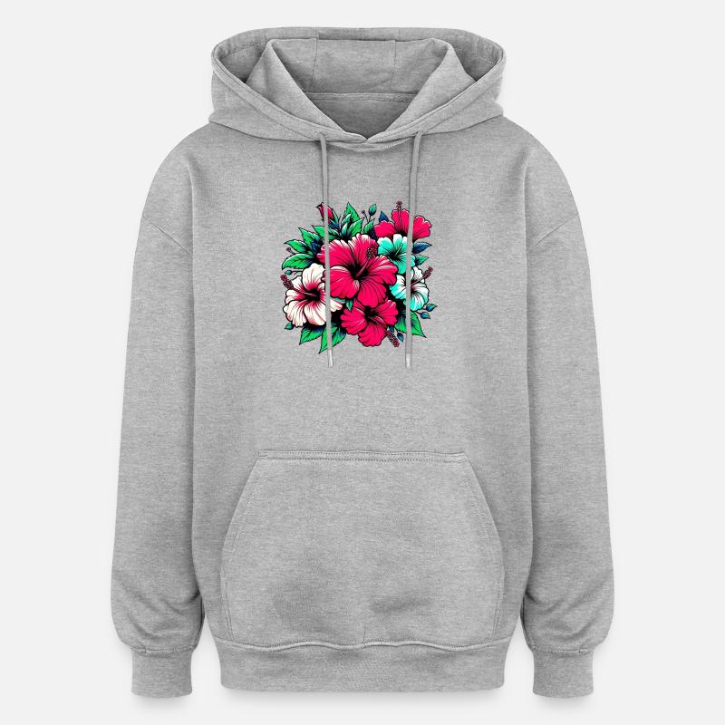 Fleurs d’hibiscus - Sweat à capuche oversize unisexe - gris chiné
