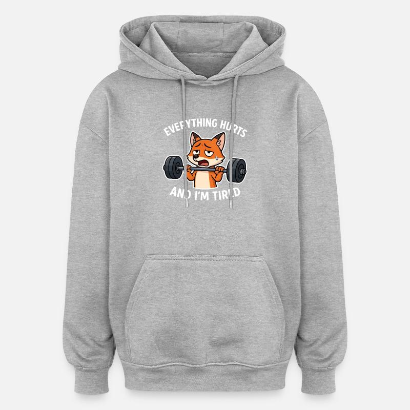 Exhausted Fox Lifting Weights Illustration - Oversized Unisex Hoodie - heather grey
