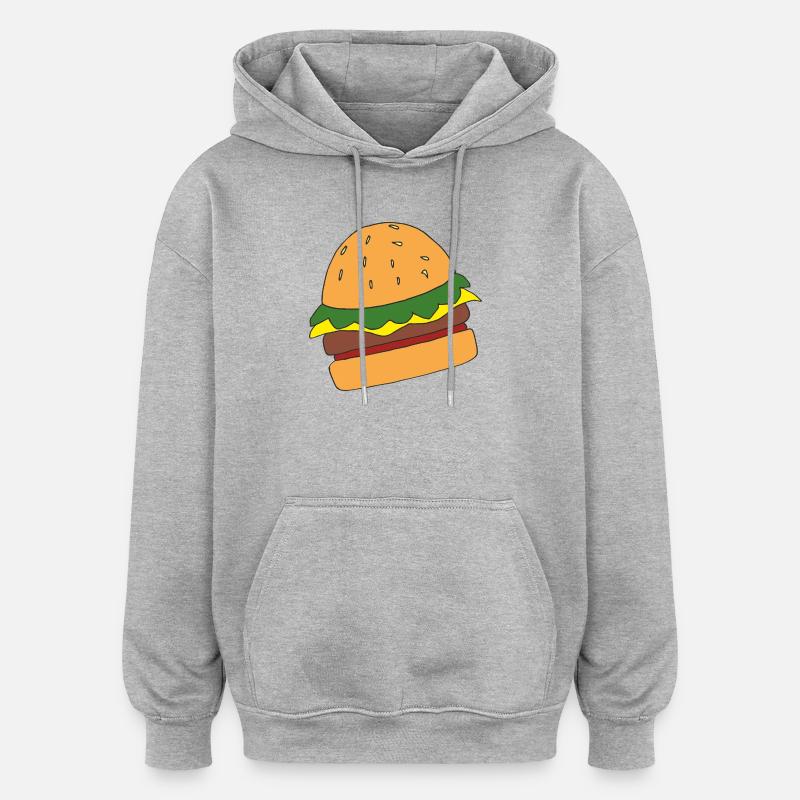 Dessin animé drôle de hamburger imprimé - Sweat à capuche oversize unisexe - gris chiné