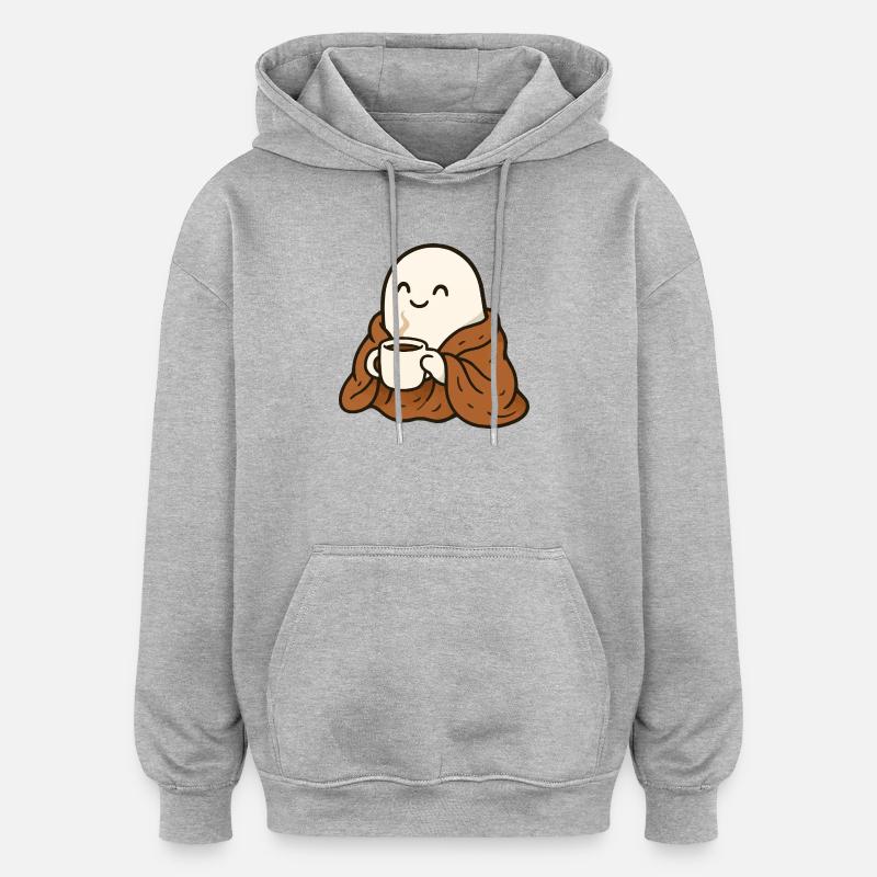 Fantôme câlin avec café et couverture - Sweat à capuche oversize unisexe - gris chiné
