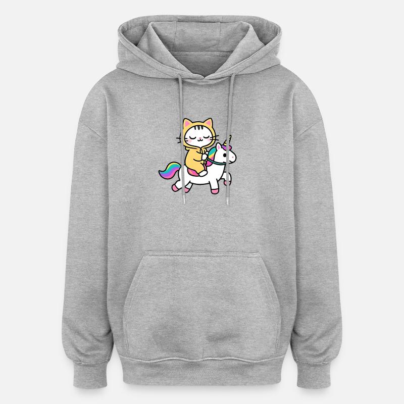 Katze auf einem Regenbogen-Einhorn - Oversized Unisex Hoodie - Grau meliert