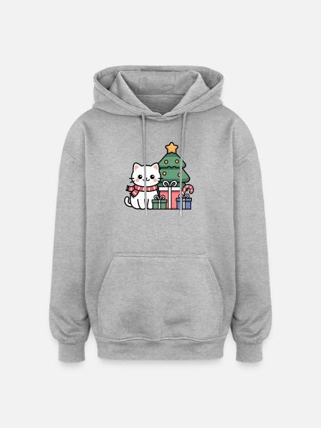 Kawaii Christmas Cat with Gifts - Oversized Unisex Hoodie - heather grey