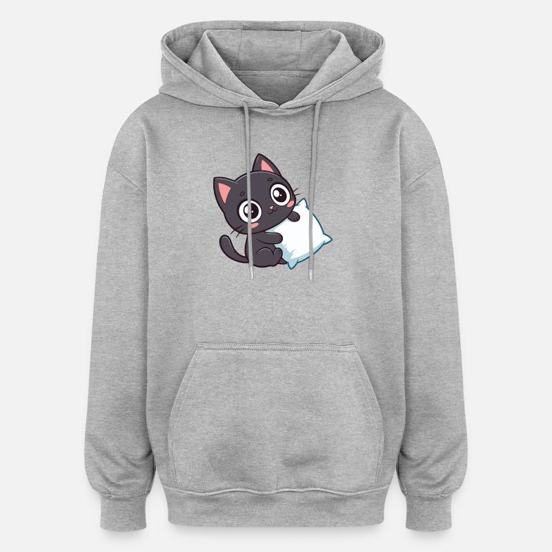 Chaton noir câlin et oreiller - Sweat à capuche oversize unisexe - gris chiné