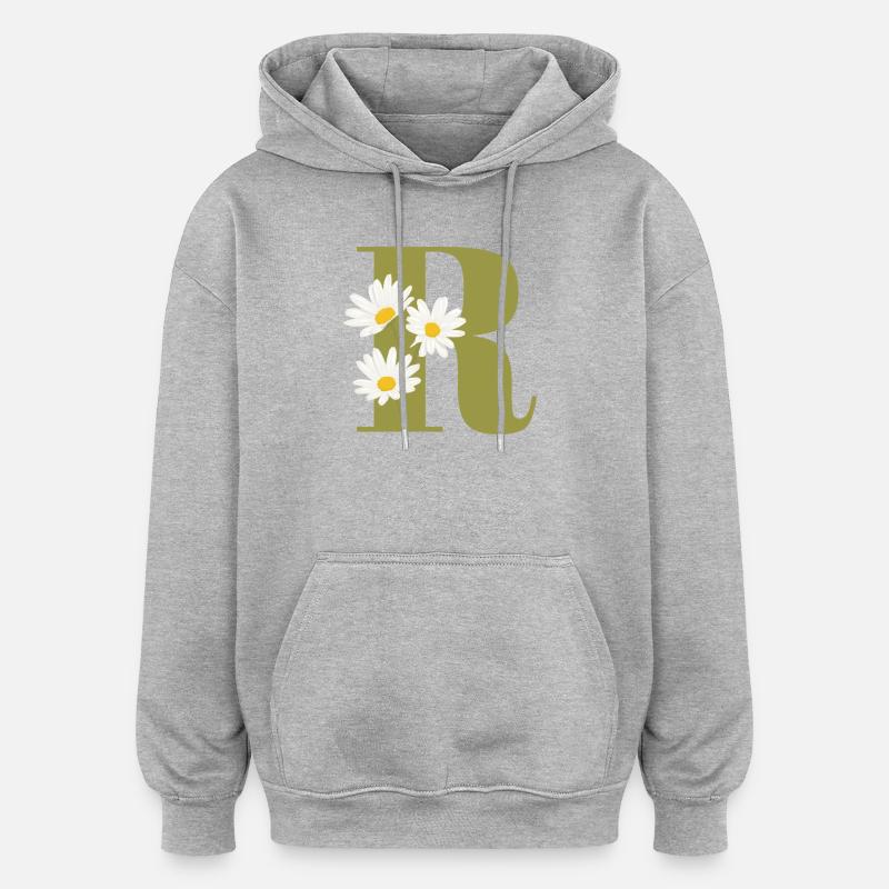 Lettre r vert marguerites - Sweat à capuche oversize unisexe - gris chiné