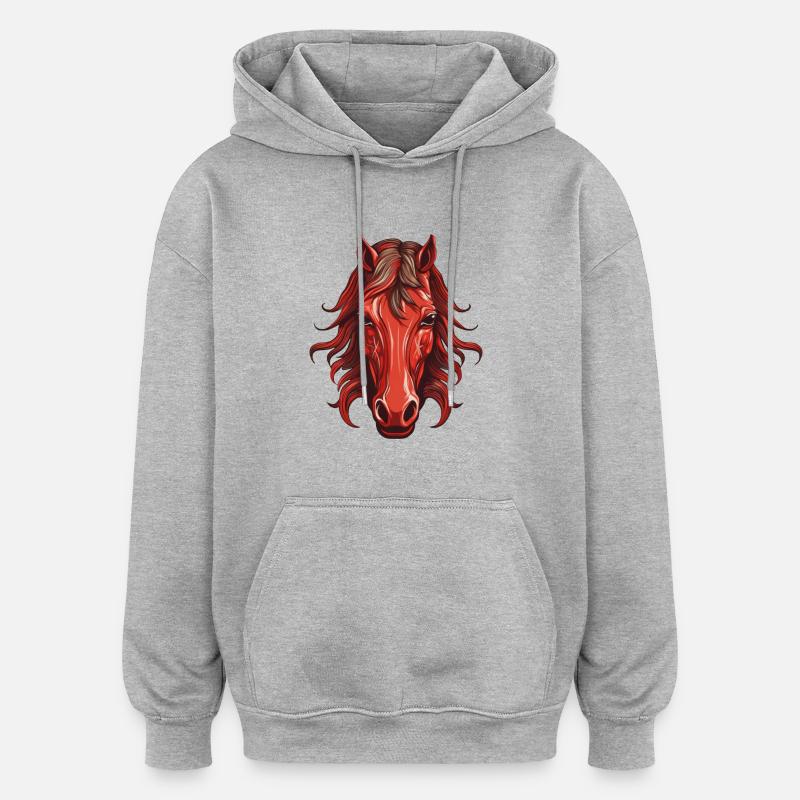 Rotes Pferd - Pferdekopf Design - Oversized Unisex Hoodie - Grau meliert