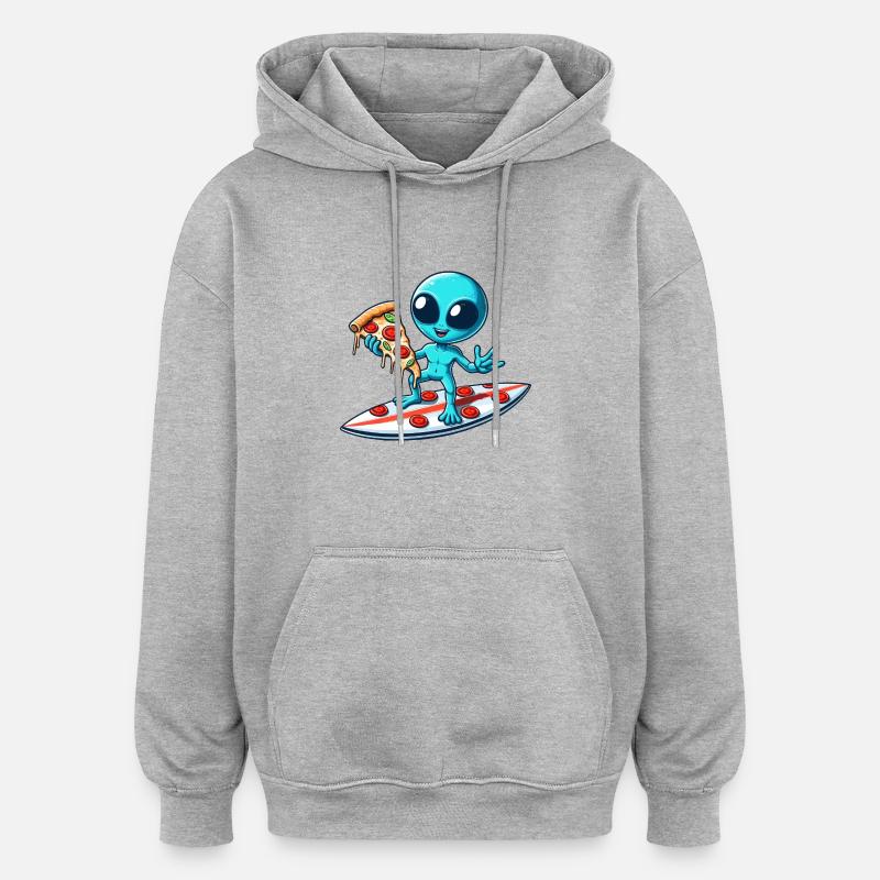 Cooler Alien Surfer mit Pizza - Oversized Unisex Hoodie - Grau meliert