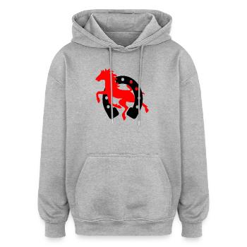 Hufeisenrot mit schwarzem Pferdelogo Reitschule - Oversized Unisex Hoodie - Grau meliert - Vorne - Noah (186cm)