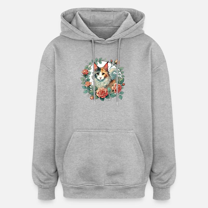 Chat élégant avec cadre floral - Sweat à capuche oversize unisexe - gris chiné