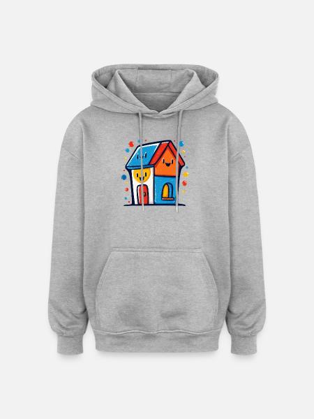 Buntes Haus-Trio mit lachenden Gesichtern - Oversized Unisex Hoodie - Grau meliert