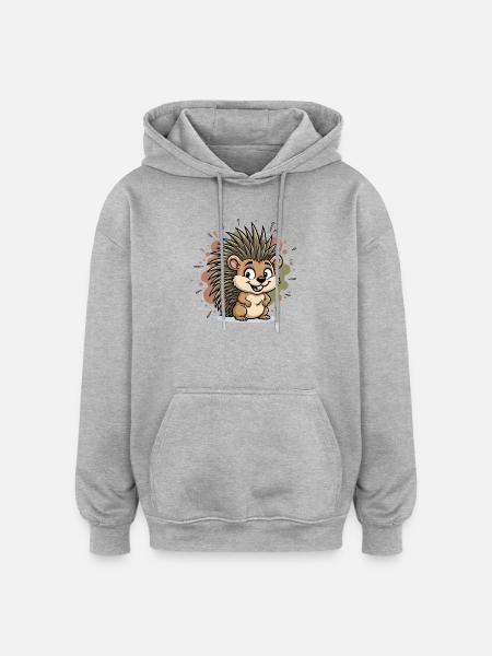 Cuddly Hedgehog Cartoon - Oversized Unisex Hoodie - heather grey