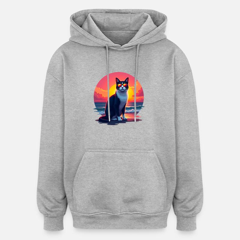 Chat sur la plage - Sweat à capuche oversize unisexe - gris chiné