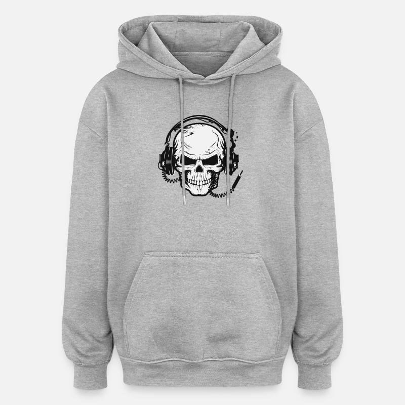 Crâne,Crâne,Crâne avec écouteurs - Sweat à capuche oversize unisexe - gris chiné
