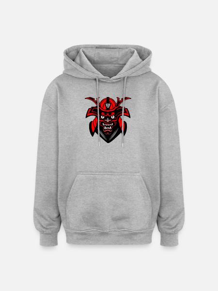 Menpō Mask – Red Black Samurai Style - Oversized Unisex Hoodie - heather grey