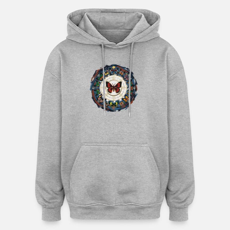Mandala du cercle des papillons - Sweat à capuche oversize unisexe - gris chiné
