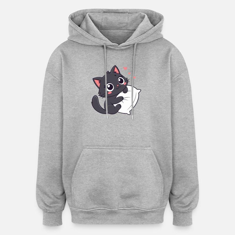 Chaton Noir Câlin sur Oreiller - Sweat à capuche oversize unisexe - gris chiné