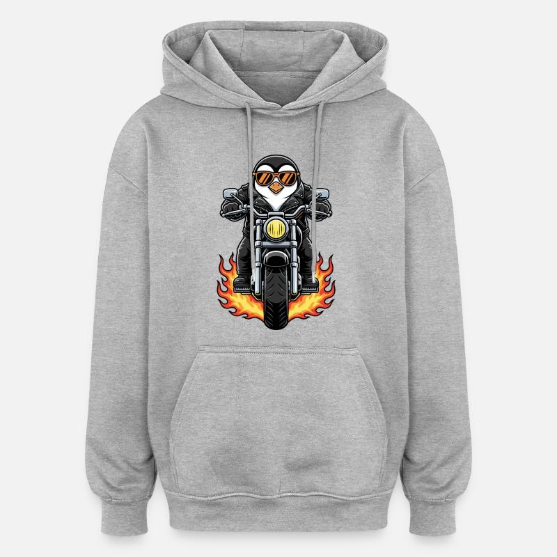 Cool Biker Penguin Motorcycle Flames - Sweat à capuche oversize unisexe - gris chiné