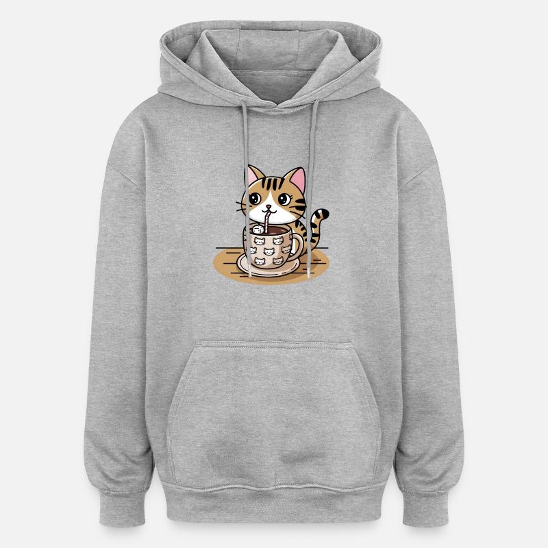 Chocolat chaud chat - Sweat à capuche oversize unisexe - gris chiné