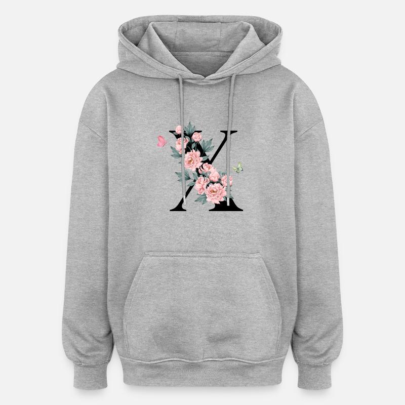 Lettre x fleurs rose - Sweat à capuche oversize unisexe - gris chiné