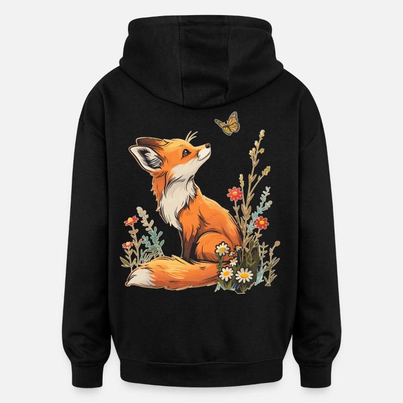 Renard et papillon - Sweat à capuche oversize unisexe - noir
