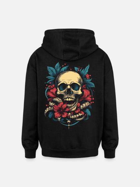 Tropical skull with flowers - Oversized Unisex Hoodie - black