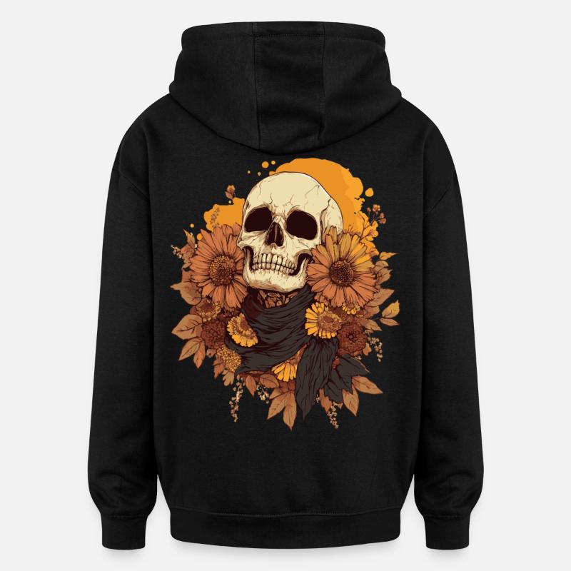 Crâne d’automne avec des fleurs - Sweat à capuche oversize unisexe - noir