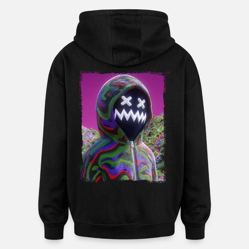 Psychedelic Maskenfigur Neon Glitch Grafik - Oversized Unisex Hoodie - Schwarz