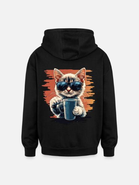 Cool cat with sunglasses & coffee - Oversized Unisex Hoodie - black