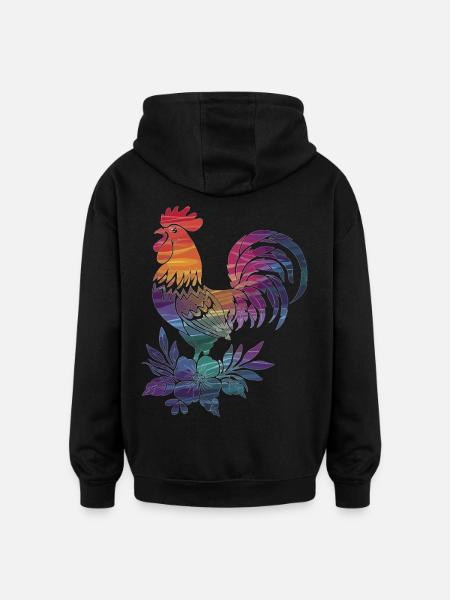 Bunter Hahn mit Blumen - Oversized Unisex Hoodie - Schwarz