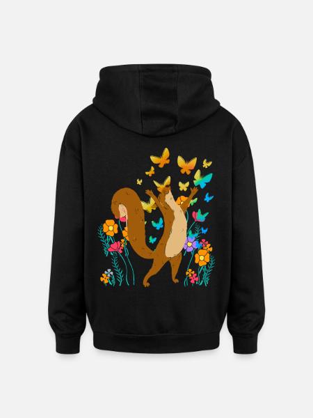 Écureuil Printemps Papillons Insectes - Sweat à capuche oversize unisexe - noir