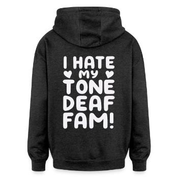 JE DÉTESTE MA FAMILLE SOURDE - Sweat à capuche oversize unisexe - charbon - Dos - Noah (186cm)