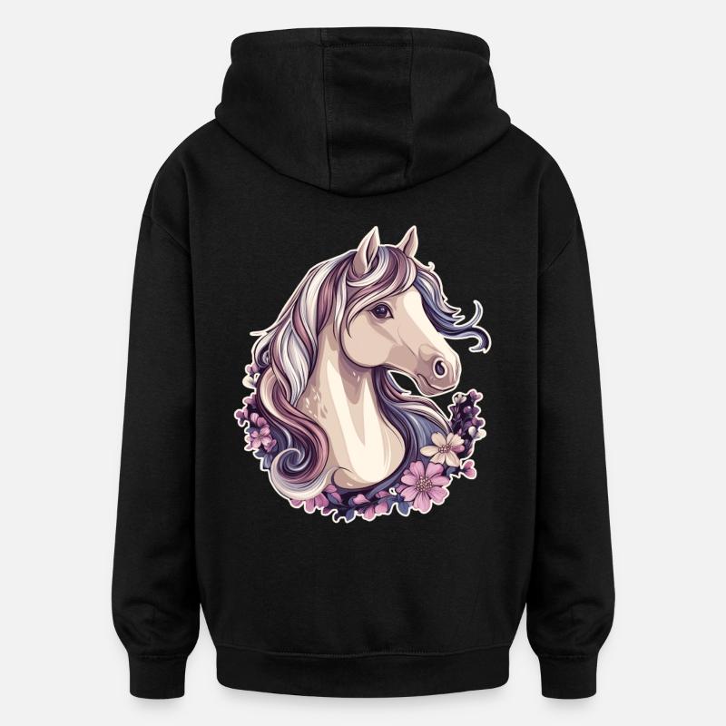 Pferd Pferdemotiv Blumen - Oversized Unisex Hoodie - Schwarz