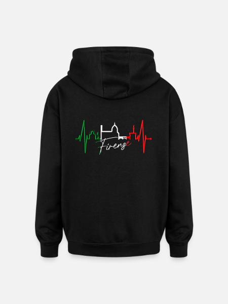 Firenze Skyline Italia Heartbeat I Love Firenze - Felpa con cappuccio unisex oversize - nero