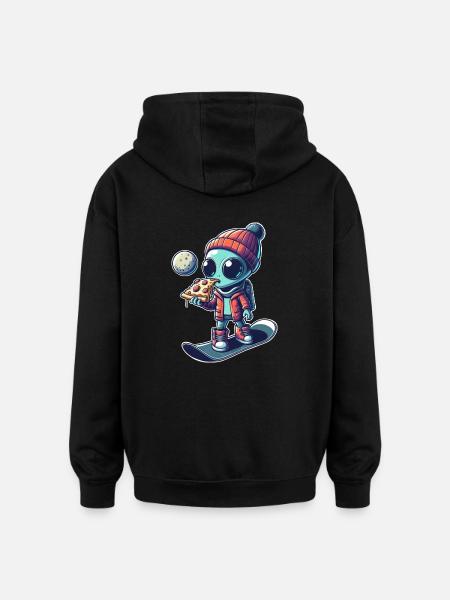 Cute Comic Alien Snowboard Snowboarder - Oversized Unisex Hoodie - black