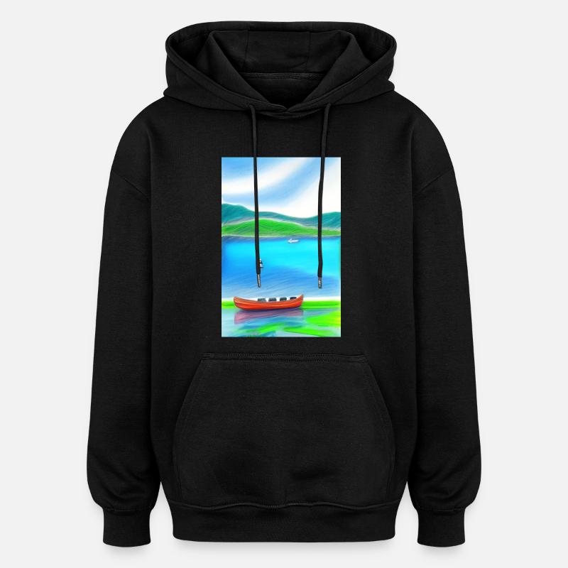 Landschaft mit See, Boot und Berge - Oversized Unisex Hoodie - Schwarz