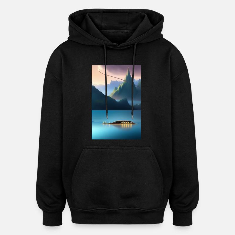 Landschaft mit See, Boot und Berge - Oversized Unisex Hoodie - Schwarz