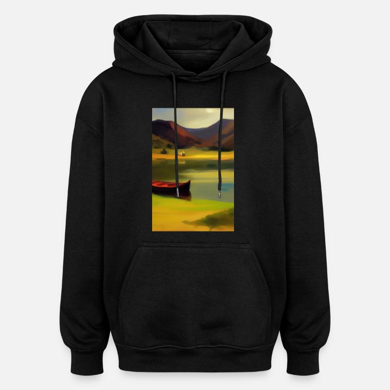 Landschaft mit See, Boot und Berge - Oversized Unisex Hoodie - Schwarz