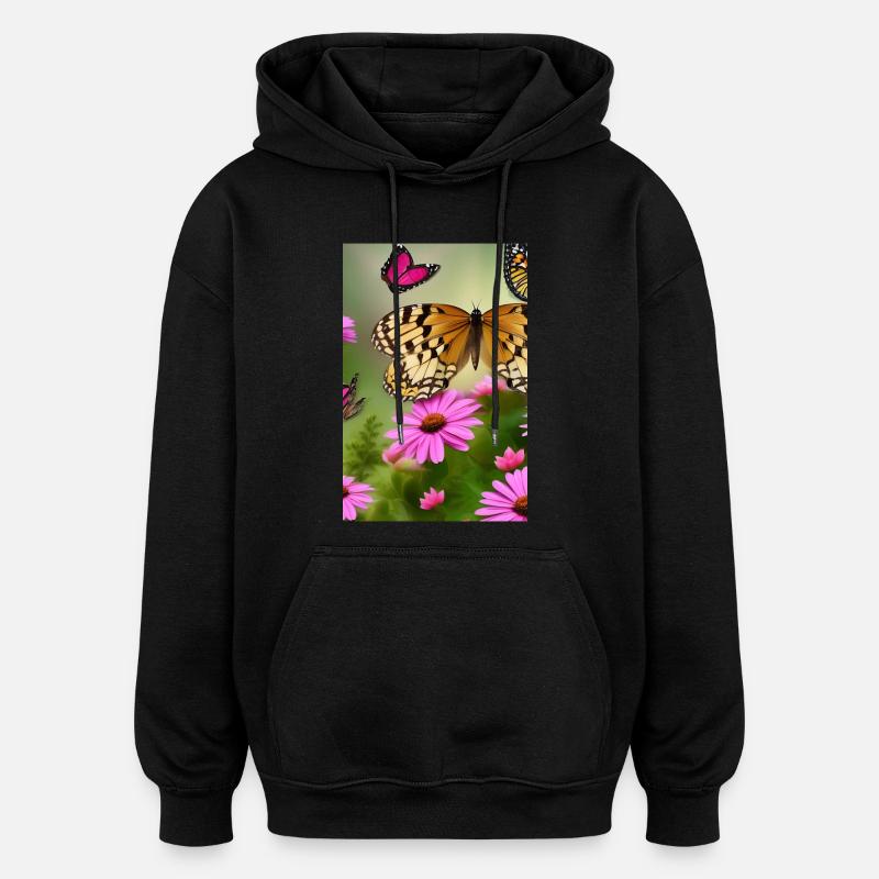 Fleurs et papillon - Sweat à capuche oversize unisexe - noir