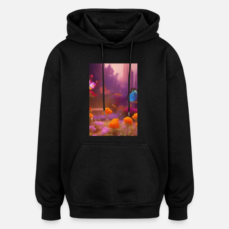 Fleurs et papillon - Sweat à capuche oversize unisexe - noir