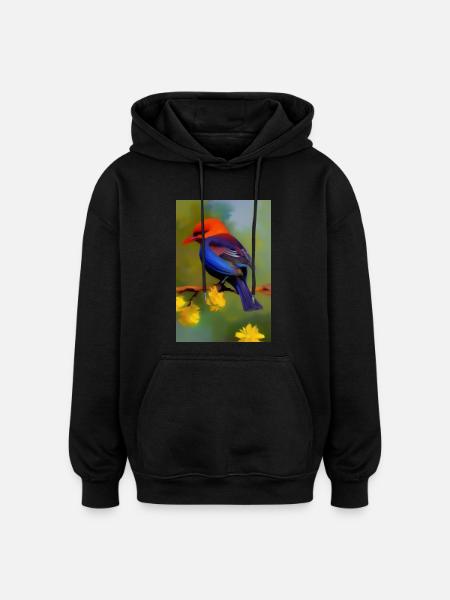 Bird on branch with flower blossoms - Oversized Unisex Hoodie - black