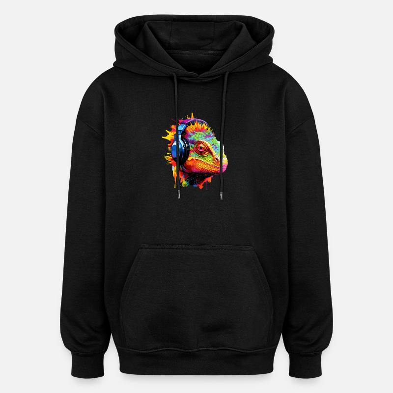 Chamäleon mit Kopfhörer Musik Chamäleons - Oversized Unisex Hoodie - Schwarz