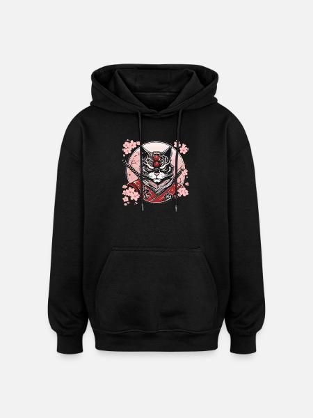 Dämonischer Kawaii Neko Samurai : Katzen-Samurai - Oversized Unisex Hoodie - Schwarz