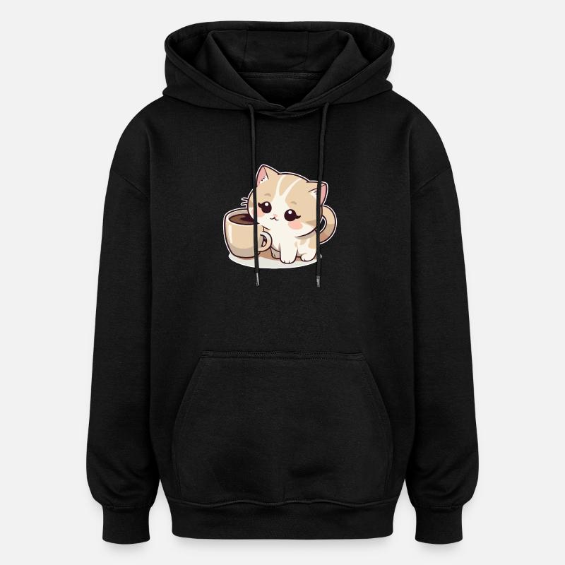 Chat au café - Sweat à capuche oversize unisexe - noir